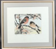 DAVID KOSTER (20TH CENTURY) 'Bullfinches and Japonica' coloured etching, 50/50 annotated and