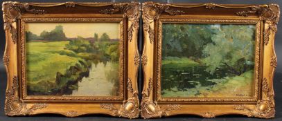 CONTINENTAL SCHOOL (20TH CENTURY) Two views of riverbanks, oil on boards, one signed indistinctly,