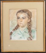 MODERN BRITISH SCHOOL Bust length study of a girl with pigtails, coloured chalks, signed