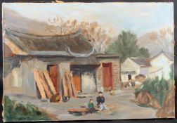PATRICIA MACKENZIE 'New Territories Village' (Hong Kong) oil on canvas, signed, artist's label,