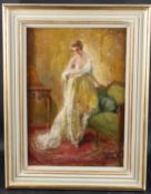 J BOILIN ? Interior scene with a semi draped female nude, oil on canvas, signed, 59.5 x 41.5cm