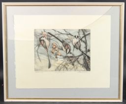 DAVID KOSTER (20TH CENTURY) 'Longtailed Tits' coloured etching, artist's proof, annotated and signed