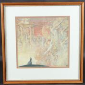 CIRCLE OF NORMAN LINDSAY Fantasy scene with lovers embracing in the foreground, gouache, signed with