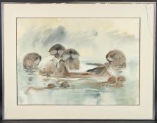 VERN YADON Sea Otters, watercolour, signed, inscribed on the backing card, 51 x 72cm (a/f glass