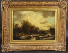 CIRCLE OF JOHN BERNEY CROME Woman and child by a river bend with village and church beyond, oil on