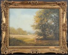 TED DYER 'Girl picking flowers' oil on canvas, signed, gallery label verso, 29.5 x 40cm