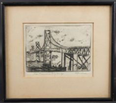 HARRIET GENE ROUDEBUSH (AMERICAN 1908-1998) 'San Francisco Bay Bridge' etching, signed and inscribed