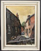 TOM BROWN (20TH CENTURY) Northern street scene with cobblestones, oil on board, signed, 49 x 36cm