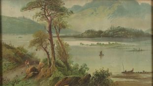 19TH CENTURY SCHOOL Mountain landscape with lake view, coloured print in ornate gilt frame, 23 x