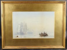 JAMES FINUCANE DRAPER (1836-1876) Shipping scene with figures approaching in a rowing boat,