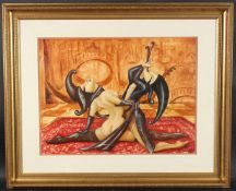 20TH CENTURY SCHOOL Two female semi nude figures in Jester type clothes, oil on canvas board, 45 x