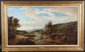 EDMUND JOHN NIEMANN (1813-1876) River landscape with distant church and figures, signed, oil on