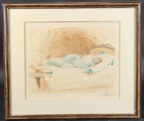 ANTOINE CALBET female nude reclined on a bedspread, colour print, signed, 27 x 33cm (to plate)