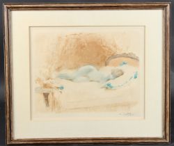ANTOINE CALBET female nude reclined on a bedspread, colour print, signed, 27 x 33cm (to plate)