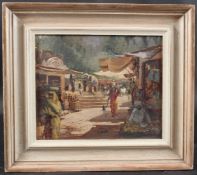 ROY PETTITT (b.1935) 'Achalgath Village Market' oil on canvas board, signed with initials and