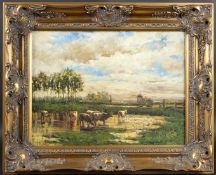 CONTINENTAL SCHOOL (20TH CENTURY) Cattle watering with figures and a windmill beyond, oil on