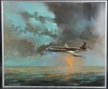 PETER CHAMPION Military aircraft Hawker Siddeley Nimrod flying over the sea at sunset, oil on board