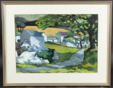 JOHN ELWYN (1916-1997) 'A Dyfed farm' acrylic, Mall Gallery RI 1986 exhibition label and inscription