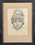 BRIAN H DIX (20TH CENTURY) Portrait of a black boy with hat, pencil drawing, signed, 27 x 21cm