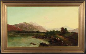 ATTRIBUTED TO E H BODDINGTON Mountain landscape in twilight, with river and figures on a path, oil