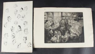 MODERN BRITISH SCHOOL Scene in a public house, etching, 19.5 x 25cm (to plate) and a sheet of pen