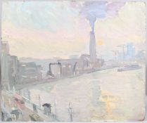 MANNER OF KEN HOWARD Thames view with smoking chimney, and another similar, unframed, each 50.5 x