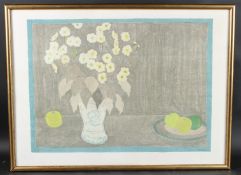 BERNARD MYERS Flowers in a blue and white vase with fruit on a table, colour lithograph, numbered