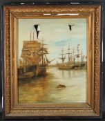 ELMORE (19TH CENTURY) Moored sailing ships, oil on canvas, signed and dated '93 58 x 48cm (a/f)