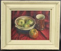 ATTRIBUTED TO FRANK REYNOLDS, 'Apples' sill life of a bowl of fruit and mug, oil on board, Inscribed