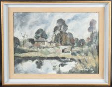 JOHN KNAPP-FISHER (1931-2015) Landscape with farm buildings and pond, oil on canvas, signed, 39.5