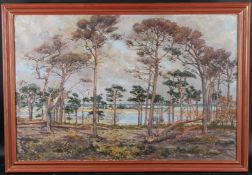 CECILIA CARPMAEL (1875-1947) Tree lined river bank with landscape beyond, oil on canvas, signed,