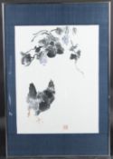 MEGAN WAKELING 'Hen and Grapes' Chinese style brush painting, signed with a red seal artists label