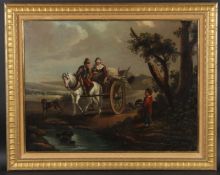 KAREL FRANS PHILIPPEAU (1825-1897) Country path with a couple in a cart and boy at the roadside, oil