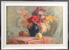 NATALYA ZARUBA (1915-2008) Still life of flowers and fruit on a table, oil on board, signed, 43 x