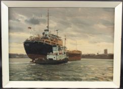 JOHN PEACE (1933-2017) Moored ship and tug off a dockside, oil on board, signed, 38 x 54cm