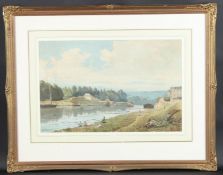 19TH CENTURY SCHOOL River landscape with washerwomen and fisherman, watercolour, signed