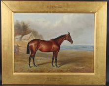 J MATTHEWS (EARLY 20TH CENTURY) Portrait of a racehorse in a field, titled on the frame 'Maid of the