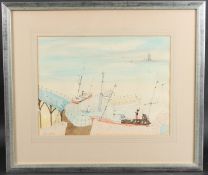 20TH CENTURY SCHOOL View of moored ships in harbour, pen and ink with watercolour, indistinctly