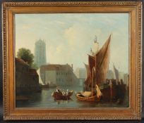 EUROPEAN SCHOOL (19TH CENTURY) View of a canal with sailing barges and town beyond, oil on canvas,
