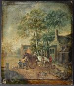 DUTCH SCHOOL (19TH CENTURY) figures unloading a cart by rustic dwellings, oil on panel, unframed (