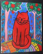 CIRCLE OF CORNEILLE Cat on a colourful mat, watercolour and body colour, unframed, 68 x 55cm