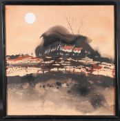 RICHARD AKERMAN (1942) Landscape with woodland and buildings, oil on canvas, signed, 76 x 76cm