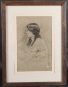 19TH CENTURY SCHOOL Portrait study of a seated young woman, charcoal drawing, 29.5 x 19cm