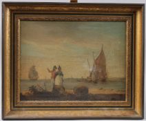 DUTCH SCHOOL (18TH / 19TH CENTURY) View of boats off a coastline with a couple on the shoreline, oil