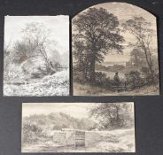 CIRCLE OF SAMUEL PALMER Figure leaning on a stile by evening, pen and ink, and two others by the