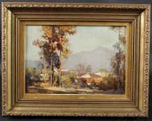 FRED MILNER (1863-1939) Landscape with rooftops and mountain beyond, oil on board, signed, 19.5 x