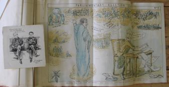An album containing newspaper cuttings and a number of satirical cartoons re elections in 1885 &