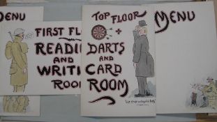 WWII 2 x menu cards & 2 x room signs, watercolour and ink on card, each 12 x 7.5 inches (4).