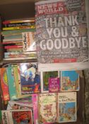 A box of ENID BLYTON paperbacks; various annuals; small q. of newspapers incl. the last News of