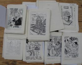 ORIGINAL CARTOON ARTWORK by "MAROC" (i.e. Robert Coram *), with captions below, many with artist's